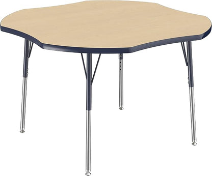 FDP Clover Activity School and Office Table (48 x 48 inch), Standard Legs with Swivel Glides for Collaborative Seating Environments, Adjustable Height 19-30 inches - Maple Top and Navy Edge