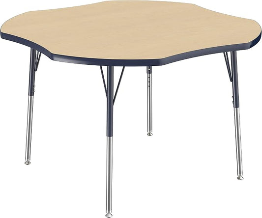 FDP Clover Activity School and Office Table (48 x 48 inch), Standard Legs with Swivel Glides for Collaborative Seating Environments, Adjustable Height 19-30 inches - Maple Top and Navy Edge
