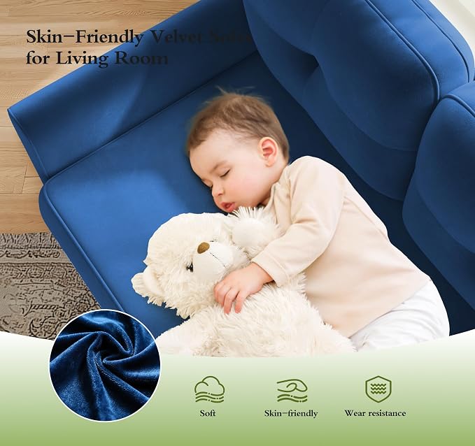 Kidirect Small Sectional Couch, 83" L Shaped Couch, Comfy Velvet Couches for Living Room, Tool-Free Setup Modular Sectional Sofa, 850lbs Load Sofas for Living Room with 1 Movable Ottoman, Blue Couch