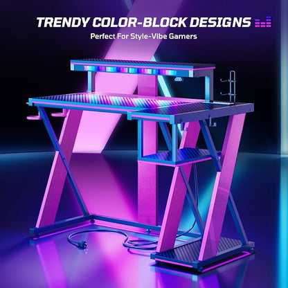 Bestier Computer Desk with Music Sync Light, Flow Vibe Corner Gaming Desk with Monitor Stand and PS5 Storage Shelves, Cup Holders, and Headset Hooks for Bedroom Small Space (Black Purple, 42 Inch)