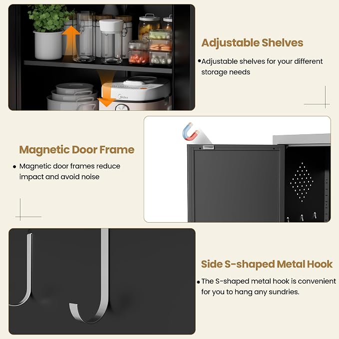 Kitchen Pantry Cabinet, 61" H Storage Cabinet with Doors and Adjustable Shelves, Spacious Cupboard with 2 Handles, Metal Kitchen Cabinet for Dining Room, Living Room,Black