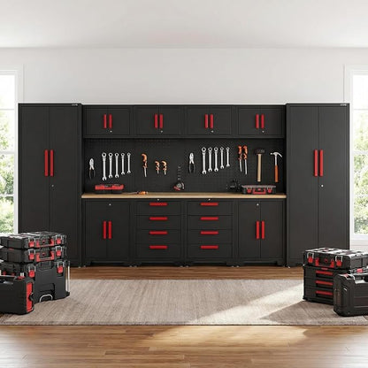 Garage Storage Cabinet System, 12Pcs Garage Cabinets and Storage System Corner Workshop Set with Corner Cabinet, Cabinet Drawers, Workbench, Pegboard for Tool Organization, Black Red