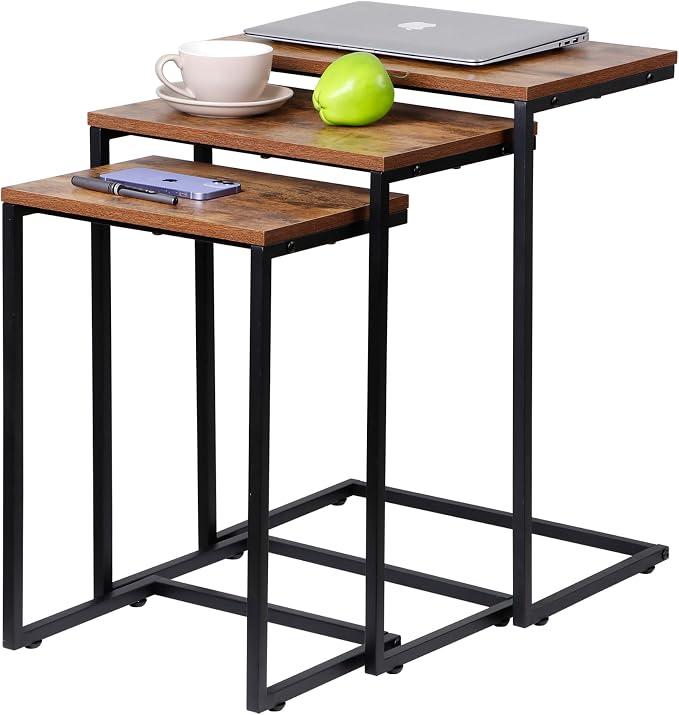 SUPER DEAL Nesting Tables Set of 3, Industrial C Shaped End Table Stackable Coffee Table Heavy Duty Metal Frame for Small Space, Living Room, Bedroom, Side Table Tray for Laptop Snack, Rustic Brown