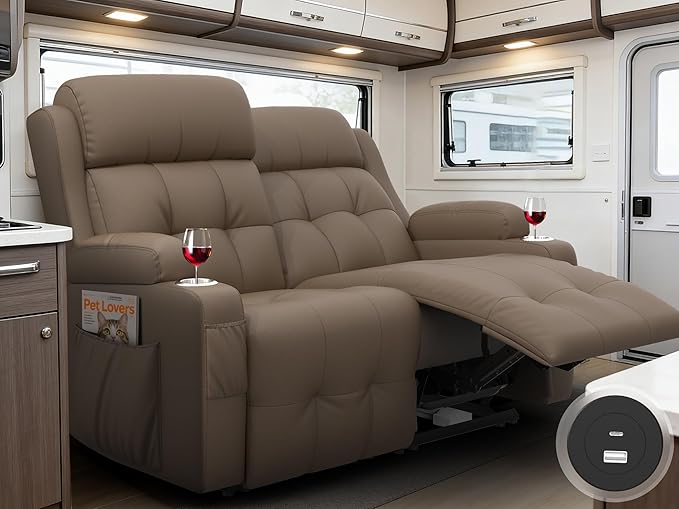 Reclining Loveseat with Pebble Texture Fabric, Loveseat Recliner with USB/Type C Ports, Storage & Cup Holders, RV Wall Hugger Recliner Sofa for Living Room & Home Theater & RV