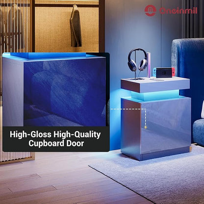 MXV Nightstand Set of 2 with LED Lights,Night Stand with Storage Cabinet for Bedroom,Bedside Table with LED (Grey, 24IN Tall)