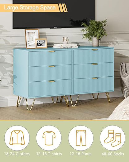 Blue Dresser for Bedroom, Modern Fluted 3 Drawer Dresser with Storage, Dresser Chest of Drawers with Gold Handles for Bedroom, Living Room, Closet, Hallway, 15.8" D x 23.6" W x 27.6" H