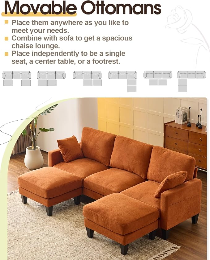 Karl home 99.6" 3-Seat U-Shaped Sectional Sofa, Orange | Chenille Upholstered, 2 Movable Ottomans, Cloud-Like Seat, 2 Throw Pillows, Comfy Deep Seat, Living Room, Apartment, Office