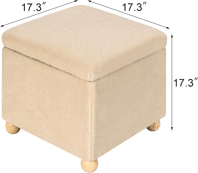 Adeco 17.3" Modern Oatmeal Teddy Velvet Storage Ottoman, Upholstered Cube Foot Stool with Hinged Lid, Round Solid Wood Legs, Versatile Vanity Seat for Living Room, Bedroom