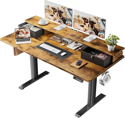 Veken 55x26 in Electric Standing Desk with Drawers, Adjustable Table, Brown | Stand up Computer Desk for Home Office, Work & Study, with Storage, 3 Memory Presets, Cable Organizer, Hook, and Quiet Lift.
