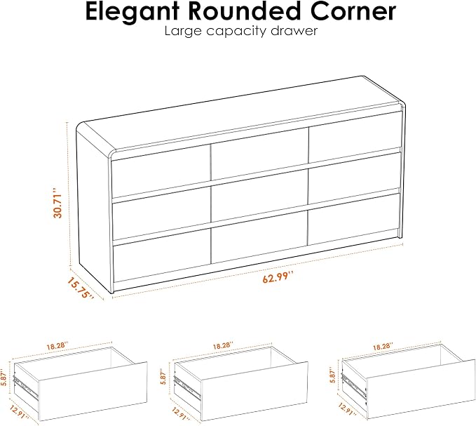 Oransail 9 Drawer Dresser, 63" Wide Walnut Dresser Chest of Drawers, Curved Anti-Collision & Anti-Tipping Design, Mid Century Modern Wooden Dresser for Bedroom, Living Room, TV Stand