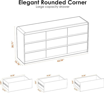 Oransail 9 Drawer Dresser, 63" Wide Walnut Dresser Chest of Drawers, Curved Anti-Collision & Anti-Tipping Design, Mid Century Modern Wooden Dresser for Bedroom, Living Room, TV Stand