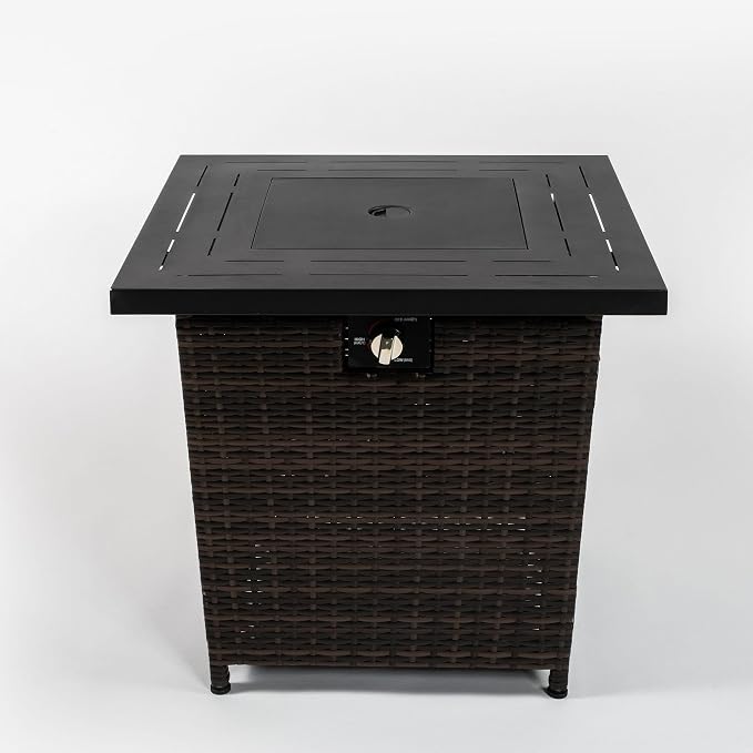 GDFStudio 28" Outdoor Propane Gas Fire Pit Table, 50000 BTU Square Patio Heater with Rattan Wicker Base & Black Steel Top, Outdoor Table for Garden, Deck, Backyard, Brown
