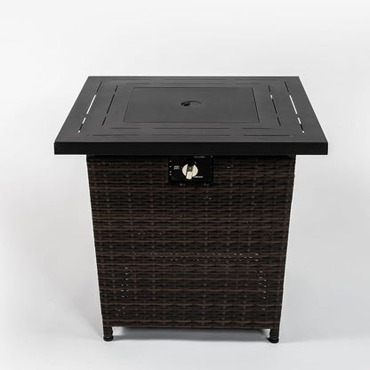 GDFStudio 28" Outdoor Propane Gas Fire Pit Table, 50000 BTU Square Patio Heater with Rattan Wicker Base & Black Steel Top, Outdoor Table for Garden, Deck, Backyard, Brown