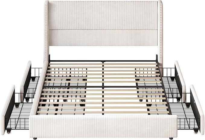 LARMACE King Size Bed Frame with 4 Storage Drawers Modern White Corduroy Upholstered Platform Bed Frame with Headboard Tufted Vertical Stripe &Wooden Slats Support, No Box Spring Need,Easy Assembly