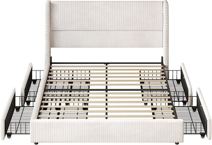 LARMACE King Size Bed Frame with 4 Storage Drawers Modern White Corduroy Upholstered Platform Bed Frame with Headboard Tufted Vertical Stripe &Wooden Slats Support, No Box Spring Need,Easy Assembly