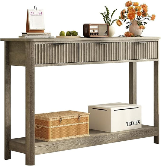 RUSTOWN Fluted Wood Console Table with 3 Drawers, 47.2" Modern Farmhouse Sofa Table & Entryway Table with Open Storage Shelf, Narrow Hallway Table for Living Room, Foyer and Hallway (Washed Oak)