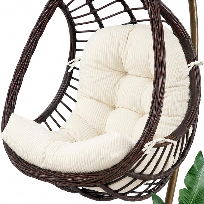 idee-home Egg Chair Cushion Replacement, Tufted Hanging Egg Chair Cushions with Corduroy Cover, Oversized Wicker Swing Cushion for Indoor Hammock Basket Chair, Beige (Chair Not Included), 48x32 Inch