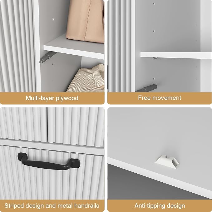 White Fluted Wardrobe Closet with Mirror and Light, 3-Door Armoire Wardrobe with 2 Drawers, Hanging Rod, Shelves, Freestanding Bedroom Storage Cabinet