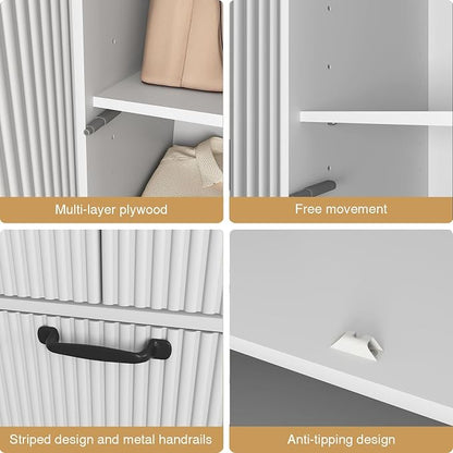 White Fluted Wardrobe Closet with Mirror and Light, 3-Door Armoire Wardrobe with 2 Drawers, Hanging Rod, Shelves, Freestanding Bedroom Storage Cabinet