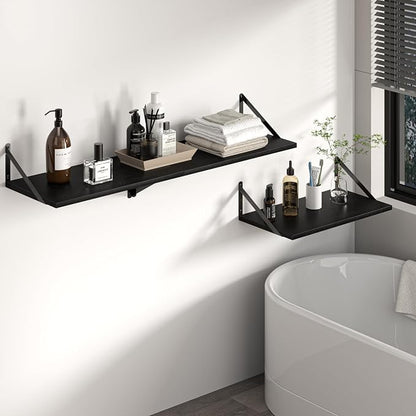 Heimlove Black Deep Floating Shelves for Wall, 44W x 12D Wood Wall Shelves Set of 2, Wide Floating Bookshelf for Living Room, Kitchen, Office, Bedroom and Decor Storage, with Metal Bracket - Black
