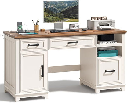Vabches 55" Farmhouse Executive Desk with 3 Drawers & Storage Cabinet, Wooden Computer Desk, Home Office Desk with File Drawer (Fits A4 Size) for Work and Study, Rustic White and Brown