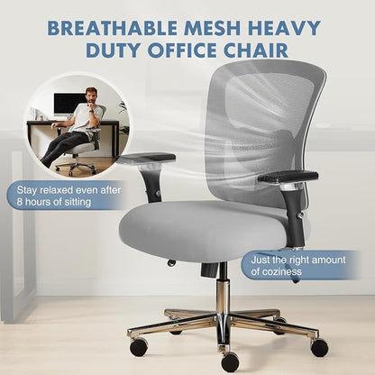 DUMOS Big and Tall Office Desk Chair with Lumbar Support, 500lbs Heavy Duty Mesh Ergonomic Computer Chair with 4D Armrest and Wide Comfy Seat, Swivel Wheels for Adult, Grey