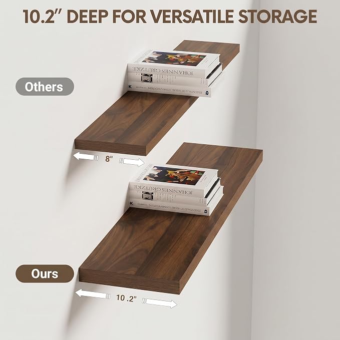 Vivelove 30 Inches Floating Shelves Wall Mounted, 10" Deep Wall Shelves for Bedroom, Bathroom, Living Room, Kitchen, Office, Home Decor, Modern Shelf, Set of 2, Walnut, 30x10.2x1.5
