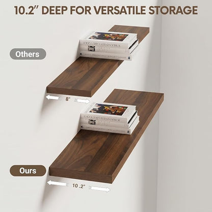 Vivelove 30 Inches Floating Shelves Wall Mounted, 10" Deep Wall Shelves for Bedroom, Bathroom, Living Room, Kitchen, Office, Home Decor, Modern Shelf, Set of 2, Walnut, 30x10.2x1.5