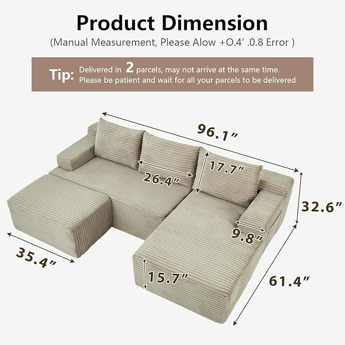 96" Cloud Sectional Couch U-Shaped Chaise with Ottoman, Corduroy Boneless Couch for Living Room Bedroom, Deep-Seat Upholstered Modular Cloud Sofa, No Assembly Required (Camel, Right Facing Chaise)