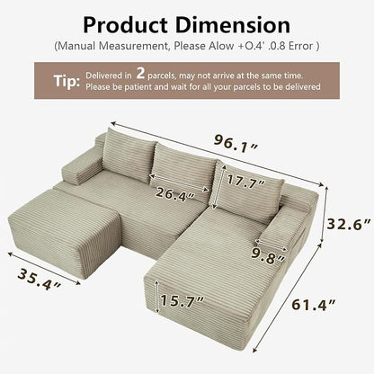 96" Cloud Sectional Couch U-Shaped Chaise with Ottoman, Corduroy Boneless Couch for Living Room Bedroom, Deep-Seat Upholstered Modular Cloud Sofa, No Assembly Required (Camel, Right Facing Chaise)