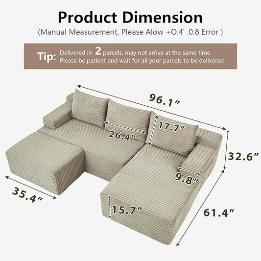 96" Cloud Sectional Couch U-Shaped Chaise with Ottoman, Corduroy Boneless Couch for Living Room Bedroom, Deep-Seat Upholstered Modular Cloud Sofa, No Assembly Required (Camel, Right Facing Chaise)