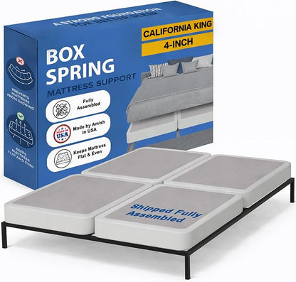 Greaton, Box Spring Bed Base California King Size, 4-Inch Wood Mattress Foundation – Amish Made in USA – Quiet Noise Free, 4-Pieces Under Mattress-Support BoxSpring, Fully Assembled, White