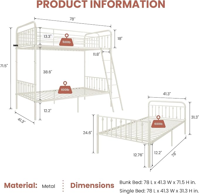 SHA CERLIN Convertible Twin Over Twin Bunk Bed, CPC Certified,White | Victorian Iron-Art Headboard and Footboard,Space-Saving Metal Bunk Bed with Guardrail & Ladder,No Box Spring Needed