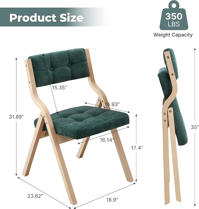 4-Pack Folding Dining Chairs with Cushion,Padded Foldable Dining Chairs,Portable Wooden Folding Chairs with Tufted Buttons Seat for Dining Rooms Kitchen Wedding and Party Indoor Green