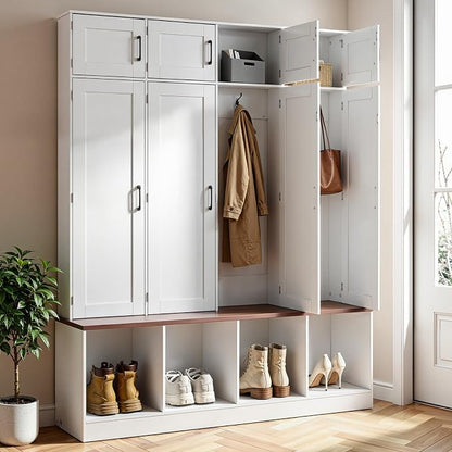 VEVOR Hall Tree with Bench and Shoe Storage, 59" Wide, 4-in-1 Entryway Hall Tree with Bench, Hanging Hooks, Storage Cabinet, and Shoe Cabinet, Wooden Furniture for Mudroom, Entryway, Hallway, White