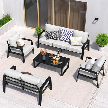 Aluminum Outdoor Patio Furniture Set, 5 Piece Sectional Coversation Sets with Coffee Table, Modern Outdoor Sofa Couch with Thick Cushions for Porch, Balcony, Garden, Lingt Gray