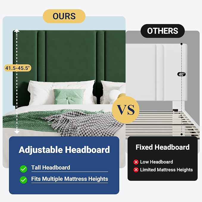 Allewie Full Size Platform Bed Frame with Adjustable Headboard, Plush Velvet Upholstered, Vertical Channel Tufted, Sturdy Wooden Slats, No Box Spring Needed, Easy Assembly, Green