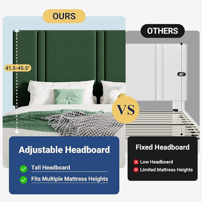Allewie Full Size Platform Bed Frame with Adjustable Headboard, Plush Velvet Upholstered, Vertical Channel Tufted, Sturdy Wooden Slats, No Box Spring Needed, Easy Assembly, Green