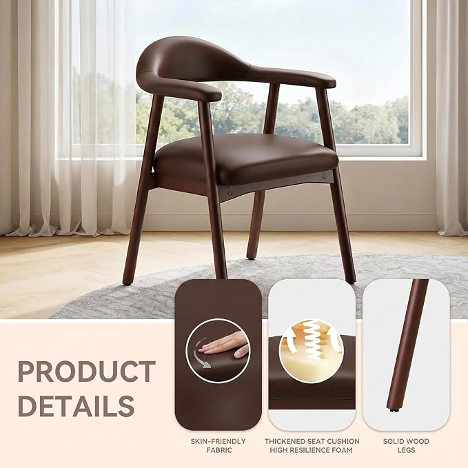 MALOL Leather Dining Chair with Armrest Set of 6, Upholstered Dining Room Chair with Curved Back and Wood Legs, Mid Century Modern Kitchen Chairs for Kitchen Dining Room,Dark Brown