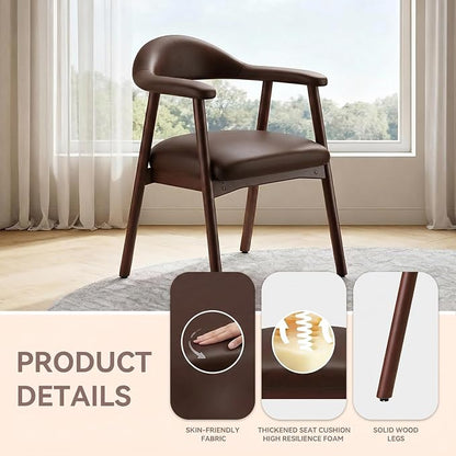 MALOL Leather Dining Chair with Armrest Set of 4, Upholstered Dining Room Chair with Curved Back and Wood Legs, Mid Century Modern Kitchen Chairs for Kitchen Dining Room,Dark Brown