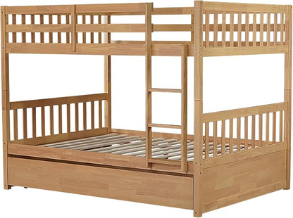 Harper & Bright Designs Convertible Wood Full-Over-Full Bunk Bed with Trundle and Ladder - Can Be Divided Into Two Platform Beds, White Oak