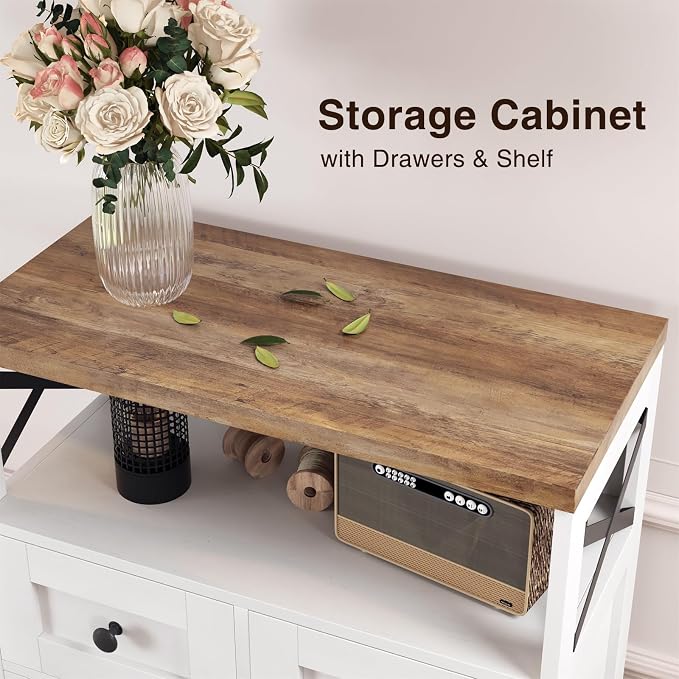 Befrases Farmhouse White Storage Cabinet with Doors and Drawers, Freestanding Kitchen Pantry Cabinet, Floor Storage Cabinet Hutch Cupboard for Kitchen, Living Dining Room, Bathroom