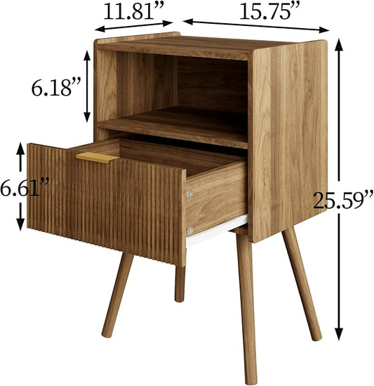 Veegle Nightstand,Modern Bedside Table with Storage Drawer and Open Wood Shelf, Accent Night Stand with Solid Wood Legs for Living Room, Bedroom and Small Spaces,Easy Assembly (Walnut Brown)