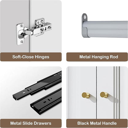 Armoire Wardrobe Closet with Drawers: 74" White Wardrobe Closet with 4 Doors, Tall Bedroom Armoires for Clothes, Wood Closets Cabinet for Hanging Clothes (59")