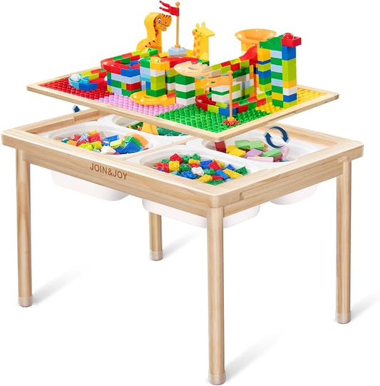 JOIN&JOY 28" Kids Activity Table, Compatible with Lego & Duplo Bricks, 4 Foldable Storage Bins, Premium Solid Pine Wood Play Desk, Reversible Tabletop for Multi-Child STEM Learning & Crafts