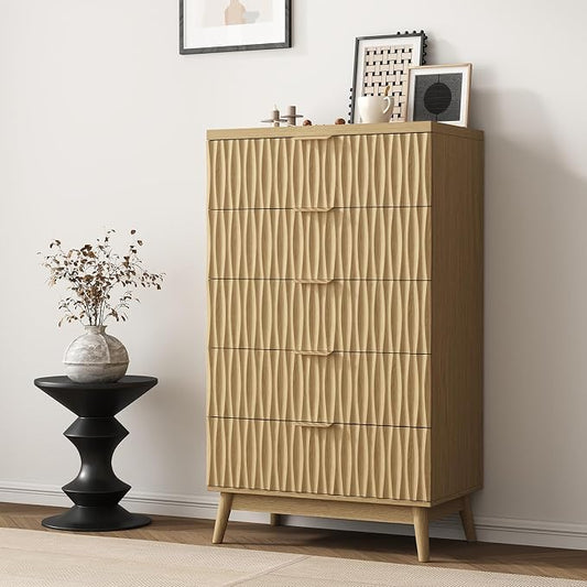 Dresser for Bedroom, 47" Wide 5 Drawer Dresser, Modern Wood Chest of Drawers for, Bedroom, Living Room, Entryway, Natural