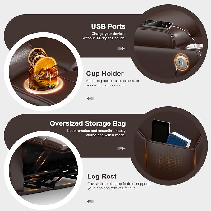 RV Loveseat Recliner Sofa, PU Leather RV Reclining Loveseat with USB Charge Ports, Cup Holders, 2 Seater Manual Pull Tab Recliner Sofa Couches for Living Room/RV, Brown