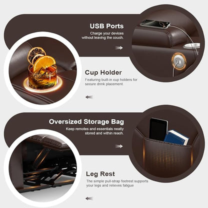RV Loveseat Recliner Sofa, PU Leather RV Reclining Loveseat with USB Charge Ports, Cup Holders, 2 Seater Manual Pull Tab Recliner Sofa Couches for Living Room/RV, Brown