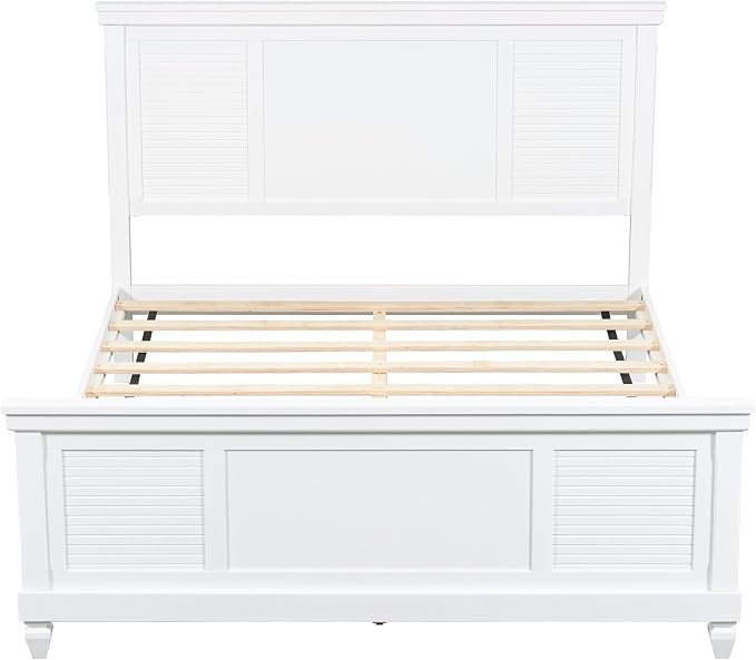 Merax Queen Size Bed Frame with Wood Headboard, Farmhouse White Platform Bed Frame with Sturdy Wooden Support Slats, No Box Spring Needed, Holds up to 800 Pounds, Noise-Free, Easy Assembly