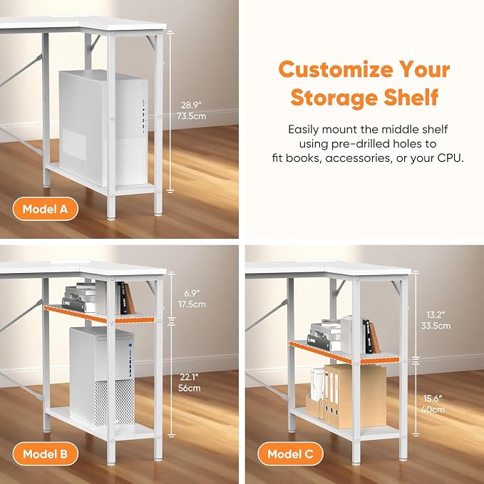 DUMOS L Shaped Desk with Shelf Drawers 47", Corner Computer Desks Gaming with Power Outlet, Study Table with Adjustable Shelves, Home Office Tables for Bedroom Teacher Writing, Modern White
